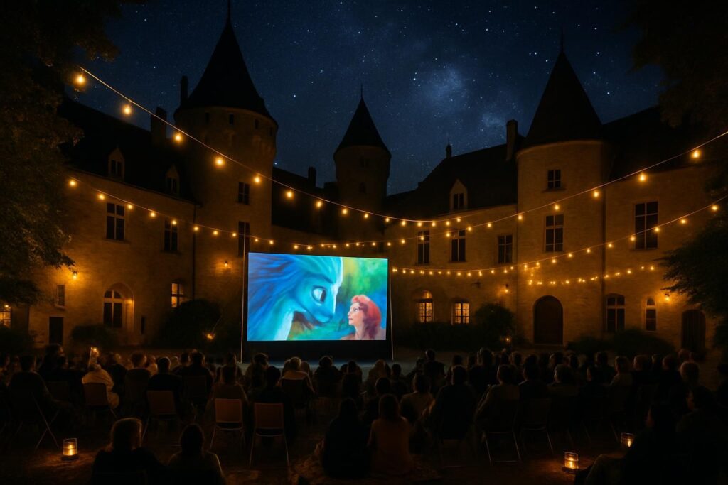 profitez d'une soirée magique avec cinéma sous les étoiles : assistez à la projection gratuite d'un magnifique film d'animation dans la cour du château. un moment convivial en pleine nature à ne pas manquer !